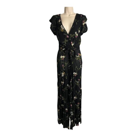 Urban Outfitters Marie Prairie Floral Wrap Jumpsuit Black 4 Boho wide leg Sheer - Picture 1 of 10